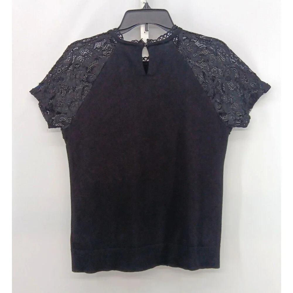 Cable & Gauge Blouse Women Medium Black Crochet Lace Accent Short Sleeve Top